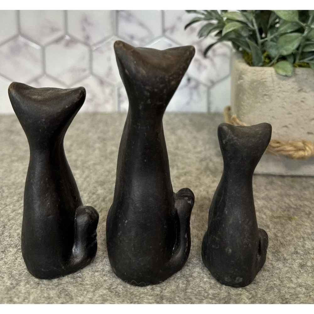 Vtg Black Clay Long Neck Tall Cat Lot Of 3 Shelf Sitter Figurines 4 To 2.25 In